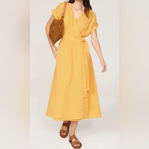 Marine Layer NWT Women's Valencia Wrap Dress Golden Yellow Crinkle size medium